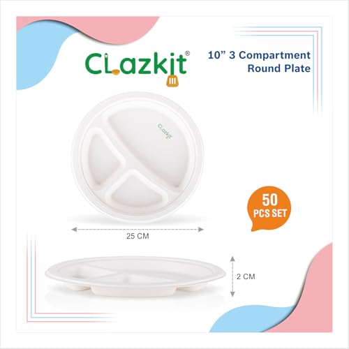 Clazkit 10 Inch 50 Pack, 3-Compartment Disposable Bagasse Plates | Eco-Friendly, Biodegradable, Sugarcane Paper Plates | for Serving Dinner | Birthday, Wedding & Party | Round - Image 2