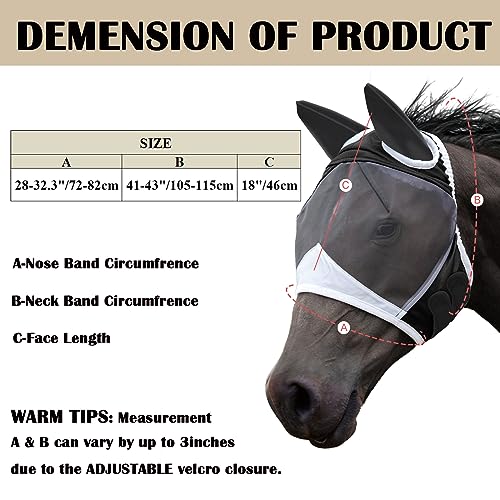 SAGUD Fly Mask with Ears for Horses Soft Stretchy Mesh Horse Face Cover, Breathable Eye Protection Fly Masks UV Protective Horse Supplies (Black, L) - Image 2