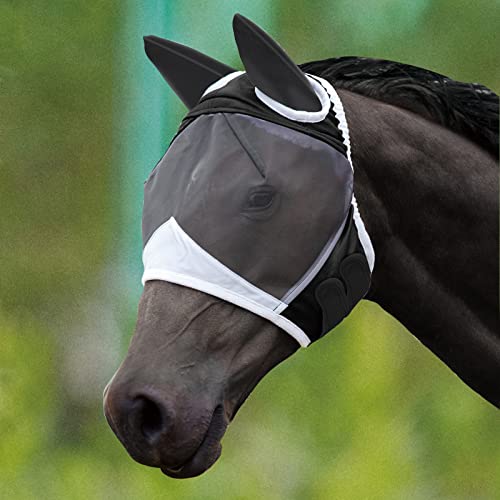 SAGUD Fly Mask with Ears for Horses Soft Stretchy Mesh Horse Face Cover, Breathable Eye Protection Fly Masks UV Protective Horse Supplies (Black, L) - Image 1
