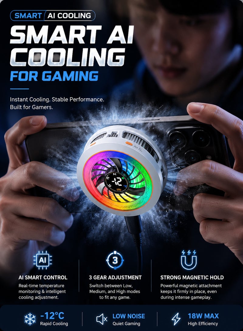 SJet Magnetic Phone Cooler with AI Temperature Control, 3-Speed Ice Cooling Fan, RGB Light, Digital Temperature & Power Display, Clip-On Support for Mobile Gaming, Game Live Broadcast - Image 3
