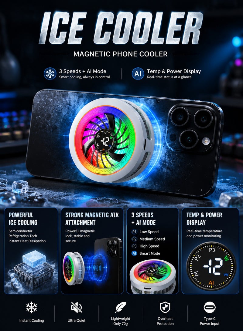 SJet Magnetic Phone Cooler with AI Temperature Control, 3-Speed Ice Cooling Fan, RGB Light, Digital Temperature & Power Display, Clip-On Support for Mobile Gaming, Game Live Broadcast - Image 2