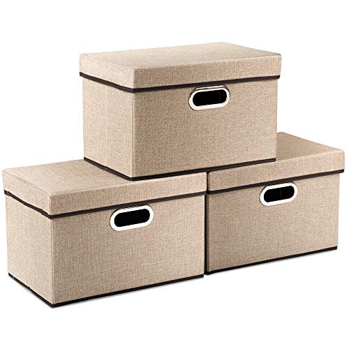 PRANDOM Collapsible Storage Cubes with Lids 3Pack Jute Fabric Foldable Storage Boxes Organizer Containers Baskets Bins with Cover for Home Bedroom Closet Office Nursery 149x98x98