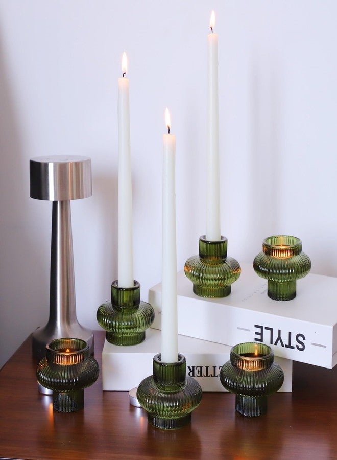 VOHO Green Candle Holder Decor for Dining Table Centerpiece, Ribbed Taper Candle Holders Versatile for Candle Sticks and Tea Lights Candles, Holiday Candlestick Holders Gifts for Friends(Set of 6) - Image 5