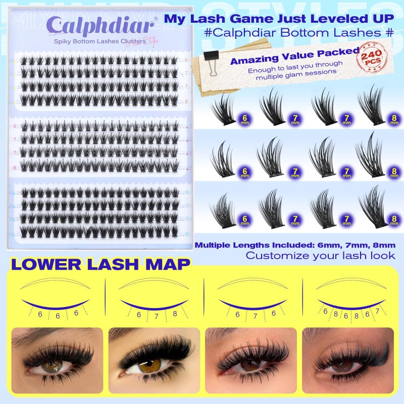 calphdiar Spiky Bottom Lashes Individual Thick Volume Bottom Lash Clusters Manga Lower Eyelash Extensions 6-8MM Wispy Bottom Cluster Lashes 240pcs DIY Bottom Lash Extension at Home by calphdiar - Image 3