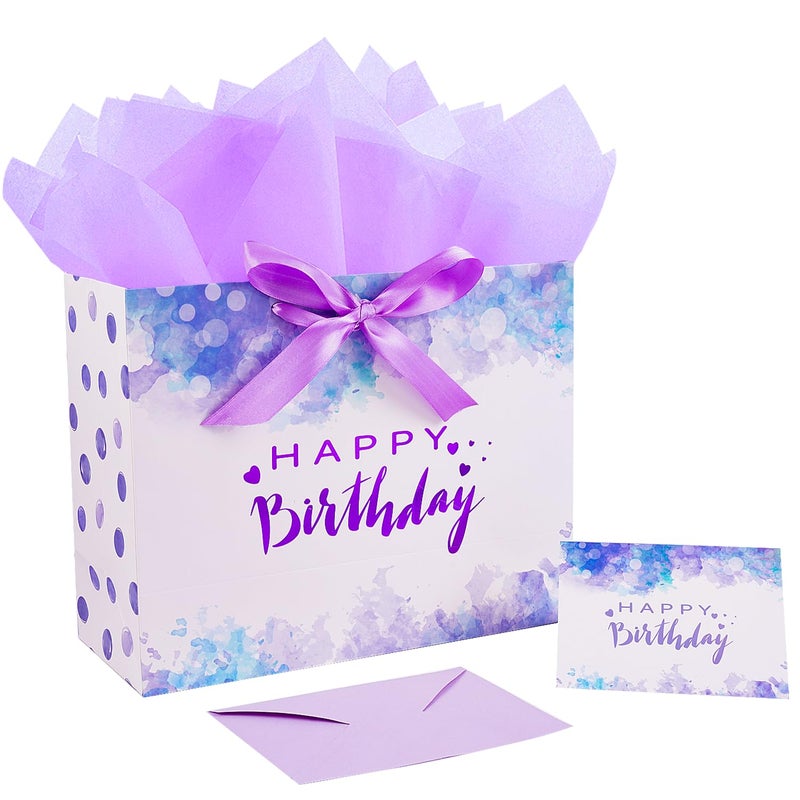 Jaywayang 126 Large Purple Happy Birthday Gift Bag with Ribbons Card and Tissue Papers for Girl Women Birthday Party - Image 2