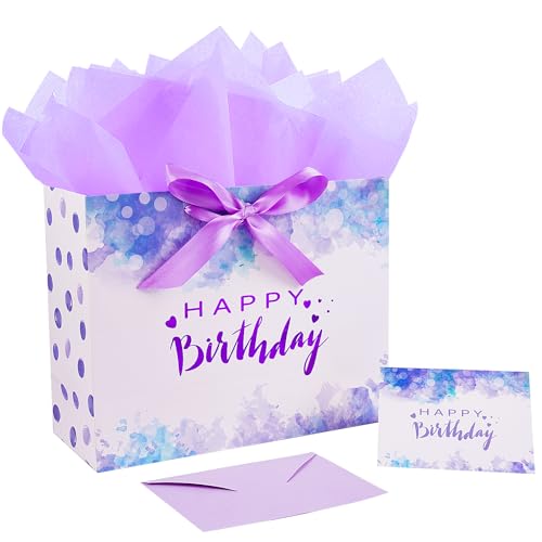Jaywayang 126 Large Purple Happy Birthday Gift Bag with Ribbons Card and Tissue Papers for Girl Women Birthday Party - Image 1