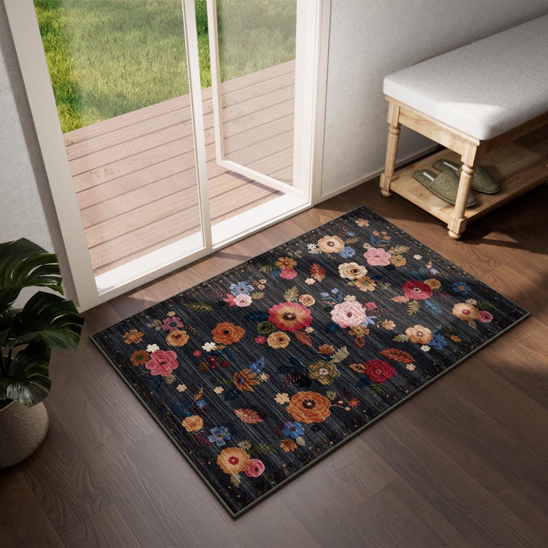 palohom Washable Small Entryway Area Rugs: 2'x3' Floral Rug Non Slip Door Mat Indoor Entrance Stain Resistance Low Pile Throw Rugs for Inside Front Door Floor Bedroom Bedside Kitchen Nursery Kids Room Entry - Image 2