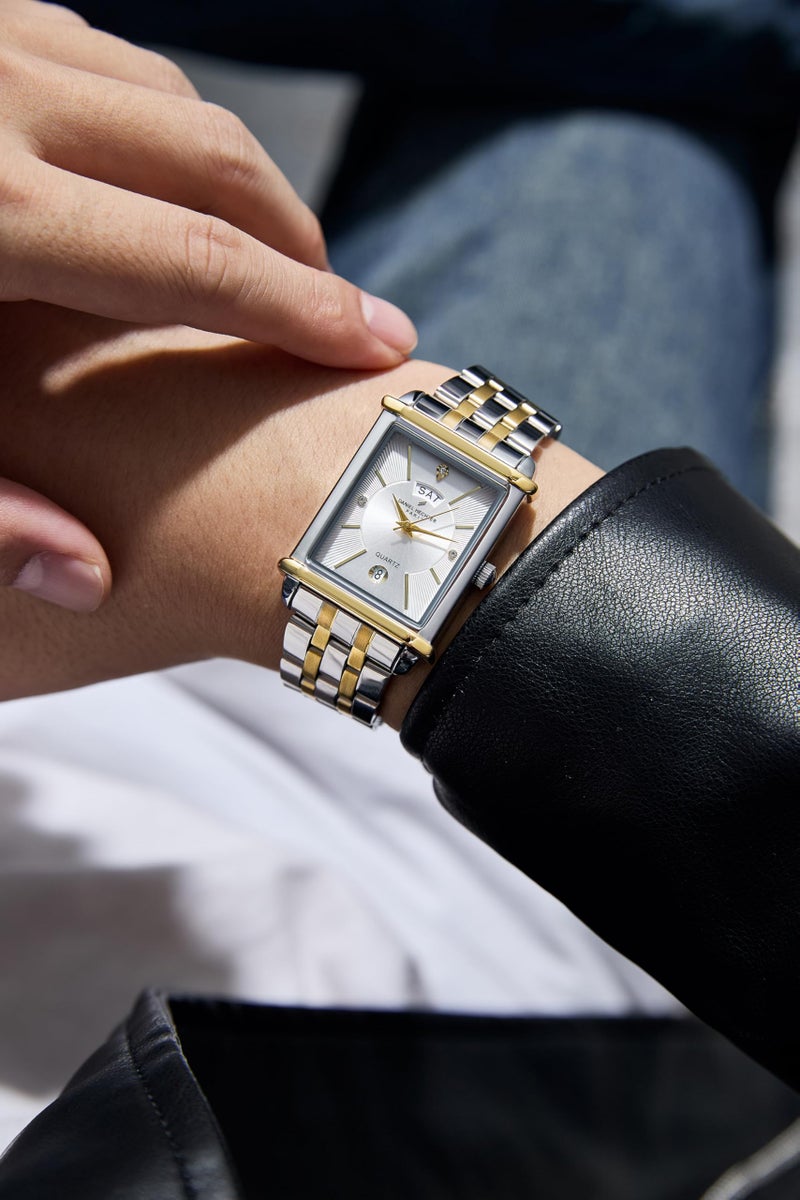 Daniel Hechter Paris Etoile Collection Watch for Men Two-Tone Analog Watch Silver Rectangular Dial, Gold & Silver Stainless Steel Strap, Day & Date Display, Quartz Movement Stylish Formal - Image 4