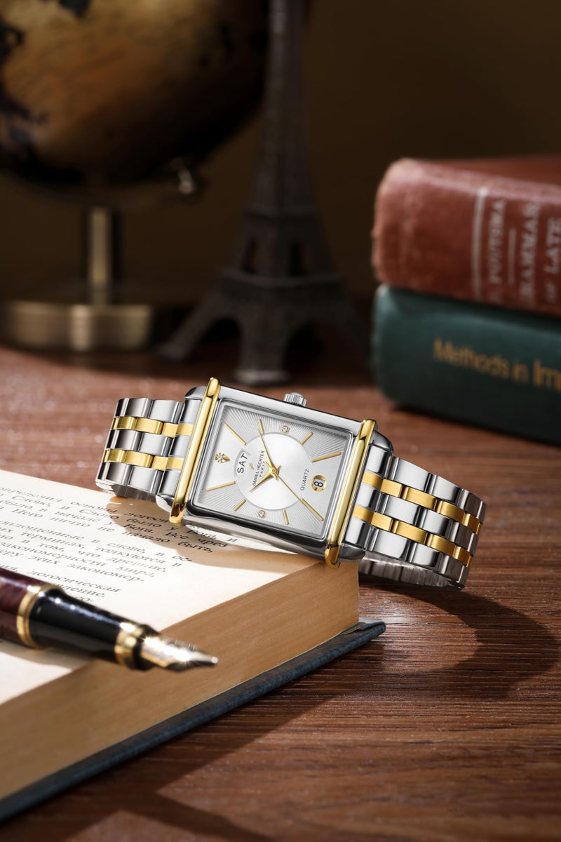 Daniel Hechter Paris Etoile Collection Watch for Men Two-Tone Analog Watch Silver Rectangular Dial, Gold & Silver Stainless Steel Strap, Day & Date Display, Quartz Movement Stylish Formal - Image 3