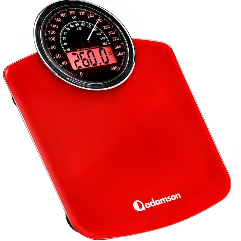 Adamson Hybrid 2in1 Analog  Digital Weighing Scale for Body Weight up to 400lbs  Thick Tempered Glass  Extra Large Display  Easy to Read Digital Bathroom Scale  New  Red - Image 1