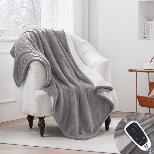 SEALY Electric Throw Blanket, Flannel & Sherpa Heated Throw with 6 Heating Levels & 2-10 Hours Auto Shut Off, Fast Heating & Machine Washable, 50x60 Inch, Light Grey - Image 3