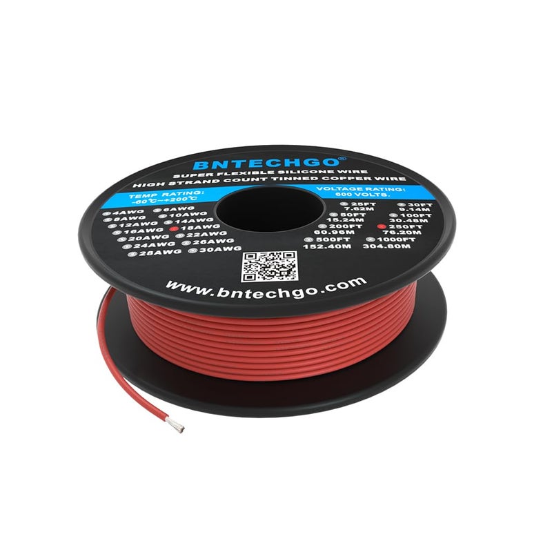 BNTECHGO 18 Gauge Silicone Wire Spool 250 ft Red Flexible 18 AWG Stranded Tinned Copper Wire - Image 1