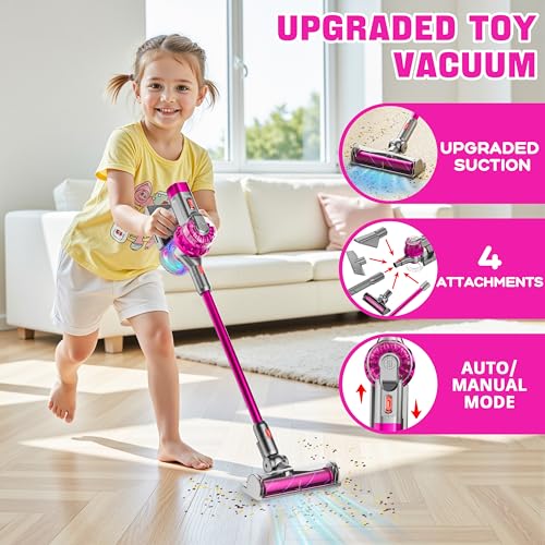 BLAXTEM 4in1 Kids Toy Vacuum That Works with Suction Electric Toy Toddler Vacuum Cleaner for Children Ages 3 4 5 6 Girls Boys Toddlers Toys Cleaning Set for Pretend Play Rose Red - Image 5