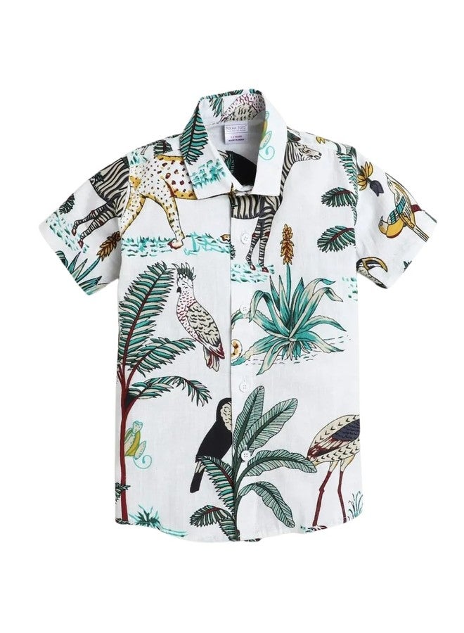 Polka Tots قميص كاجوال نصف كم عادي من قطن بولكا توتس للأولاد | عصري، مريح، قماش ناعم | مطبوع، متعدد الألوان أنيق | طباعة حيوانات - أبيض، 12-18 شهر - Image 1