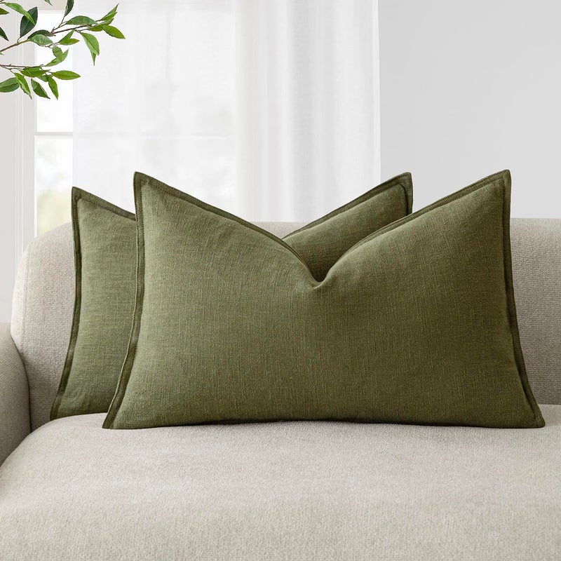 Foindtower Pack of 2 Decorative Linen Soild Throw Pillow Covers Soft Accent Lumbar Cushion Case Boho Farmhouse Pillowcase for Chair Couch Sofa Bedroom Living Room Home Decor 12 x 20 Inch Olive Green