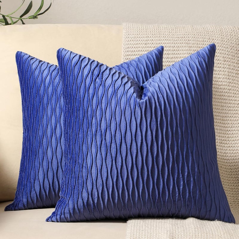 DEZENE 20x20 Blue Throw Pillow Covers 2 Pack Original Striped Velvet Square Decorative Pillow Cases for Farmhouse Couch