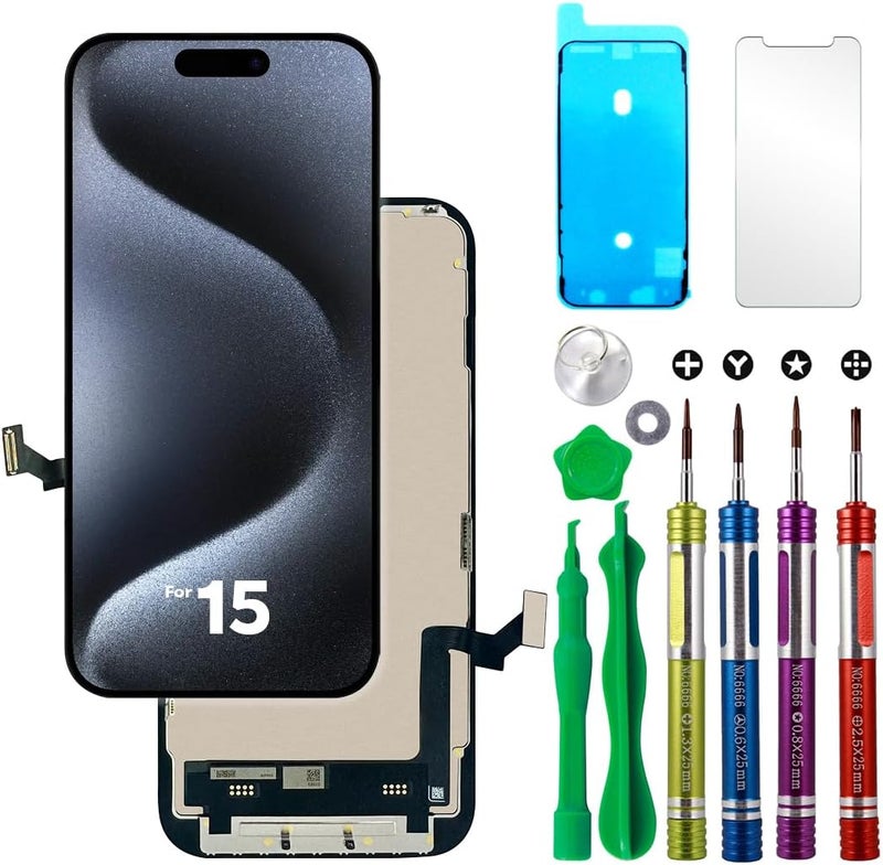 Ace Tech Cellular LCD Screen Replacement for iPhone 15 (A2846, A3089, A3092, A3090) 6.1 inch Touch Screen Display Digitizer Frame Assembly Repair Kit + Tempered Glass + Adhesive - Image 1