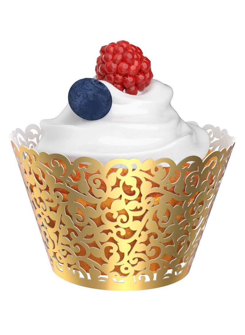 Pearl Lace Filigree Wedding Cupcake 50 Pack Wrapper Baking Cake Cups Wraps Party Bridal Shower Supplies Engagement Decorations Laser Cut Bright Gold - Image 5