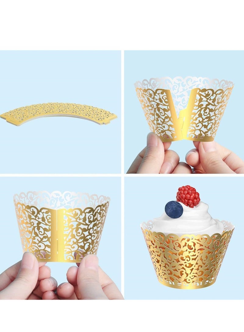 Pearl Lace Filigree Wedding Cupcake 50 Pack Wrapper Baking Cake Cups Wraps Party Bridal Shower Supplies Engagement Decorations Laser Cut Bright Gold - Image 2