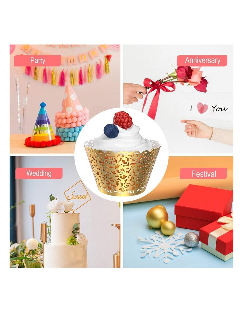 Pearl Lace Filigree Wedding Cupcake 50 Pack Wrapper Baking Cake Cups Wraps Party Bridal Shower Supplies Engagement Decorations Laser Cut Bright Gold - Image 3