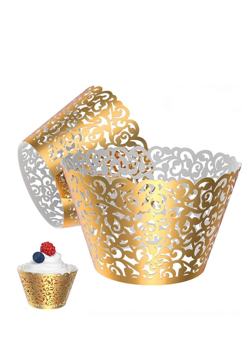 Pearl Lace Filigree Wedding Cupcake 50 Pack Wrapper Baking Cake Cups Wraps Party Bridal Shower Supplies Engagement Decorations Laser Cut Bright Gold - Image 1