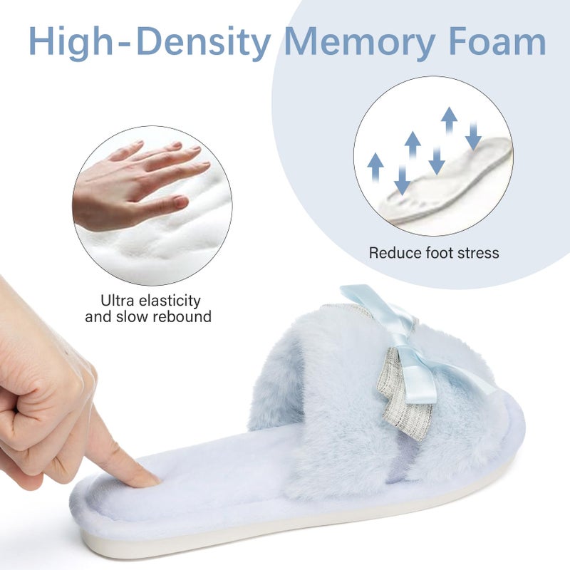 GOEWY House Slippers for Women Open Toe Fuzzy Cute Bow Slippers with Memory Foam Fluffy Cozy Birthday Gifts for Women Mom Indoor and Outdoor Size 9 10 Blue - Image 5
