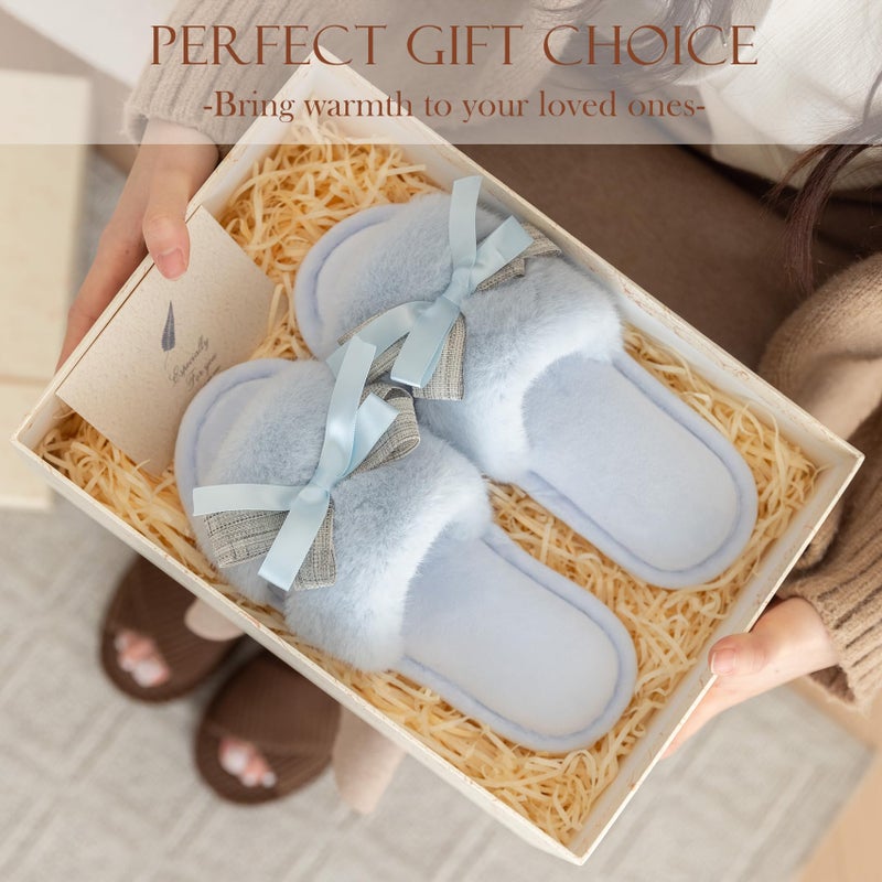 GOEWY House Slippers for Women Open Toe Fuzzy Cute Bow Slippers with Memory Foam Fluffy Cozy Birthday Gifts for Women Mom Indoor and Outdoor Size 9 10 Blue - Image 3