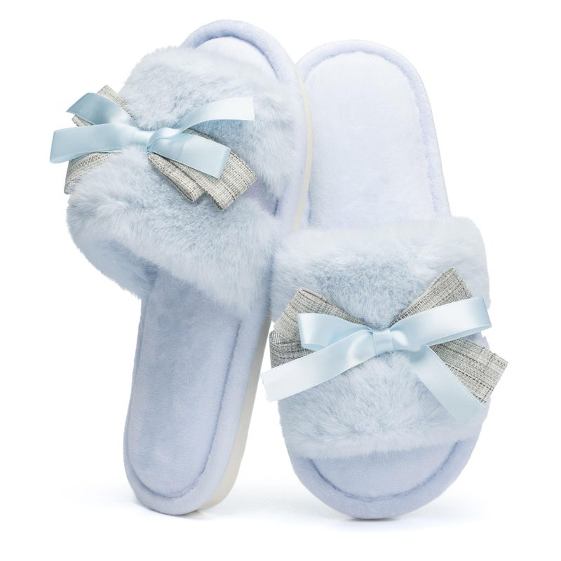 GOEWY House Slippers for Women Open Toe Fuzzy Cute Bow Slippers with Memory Foam Fluffy Cozy Birthday Gifts for Women Mom Indoor and Outdoor Size 9 10 Blue - Image 1