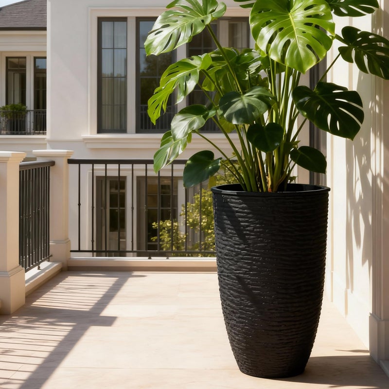 WORTH Garden 2-Pack 21" H. Black Tall Planters with Inside Pots - 14'' Dia Plastic Large Round Plant Tree Pots - Decorative Imitation Stone Finish for Indoor Outdoor Front Porch Container Patio - Image 5