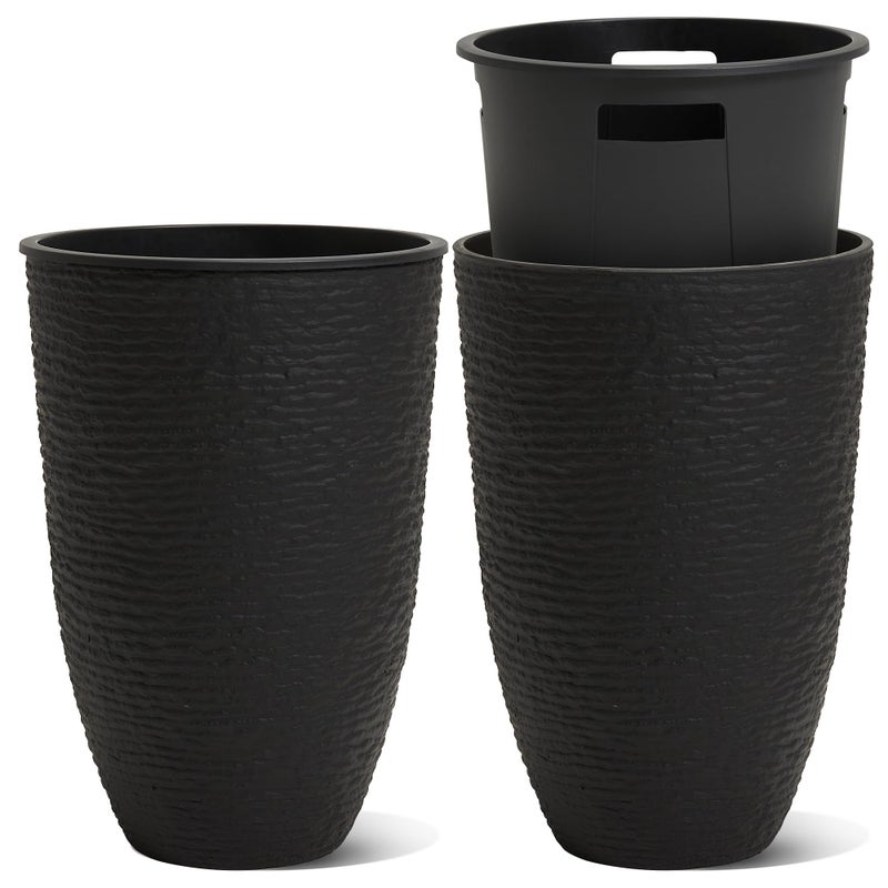 WORTH Garden 2-Pack 21" H. Black Tall Planters with Inside Pots - 14'' Dia Plastic Large Round Plant Tree Pots - Decorative Imitation Stone Finish for Indoor Outdoor Front Porch Container Patio - Image 1