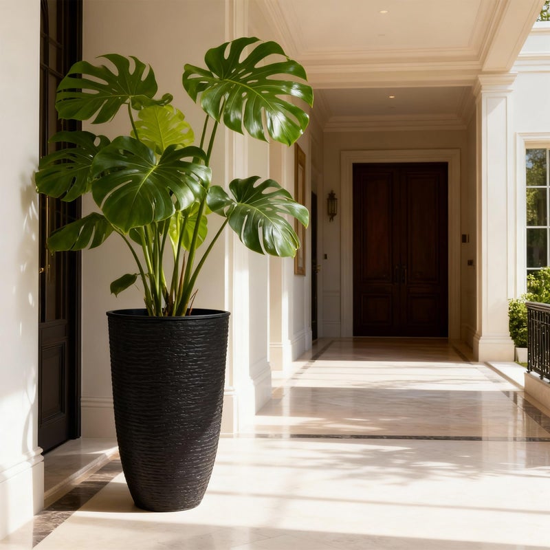WORTH Garden 2-Pack 21" H. Black Tall Planters with Inside Pots - 14'' Dia Plastic Large Round Plant Tree Pots - Decorative Imitation Stone Finish for Indoor Outdoor Front Porch Container Patio - Image 4