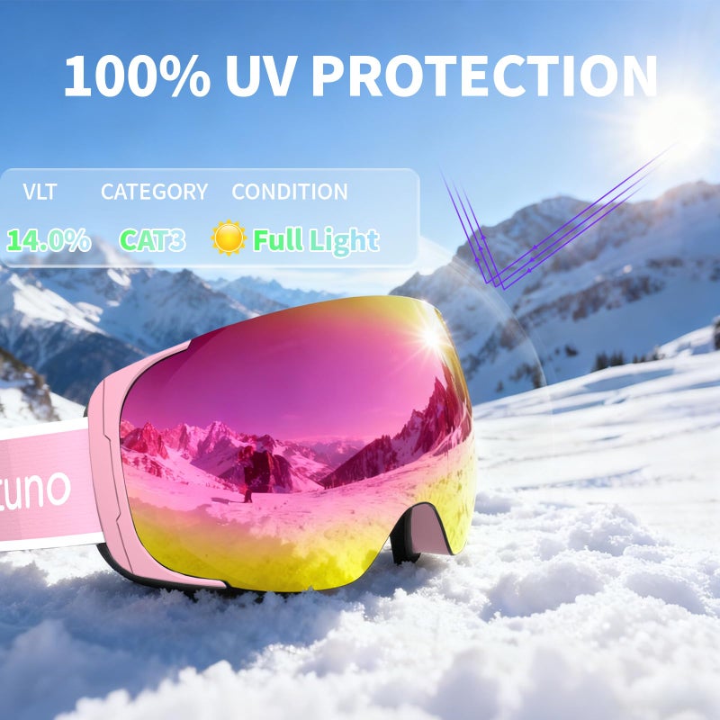 Veltuno Ski Goggles for Men Women Adult & Youth, OTG Snowboard Goggles Anti Fog, Snow Goggles UV Protection Wide Vision (Pink Frame/Revo Pink Lens (vlt 14.0%)) - Image 2