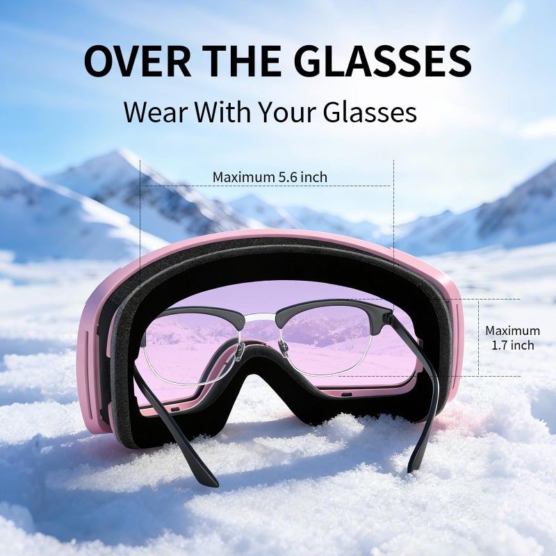 Veltuno Ski Goggles for Men Women Adult & Youth, OTG Snowboard Goggles Anti Fog, Snow Goggles UV Protection Wide Vision (Pink Frame/Revo Pink Lens (vlt 14.0%)) - Image 4