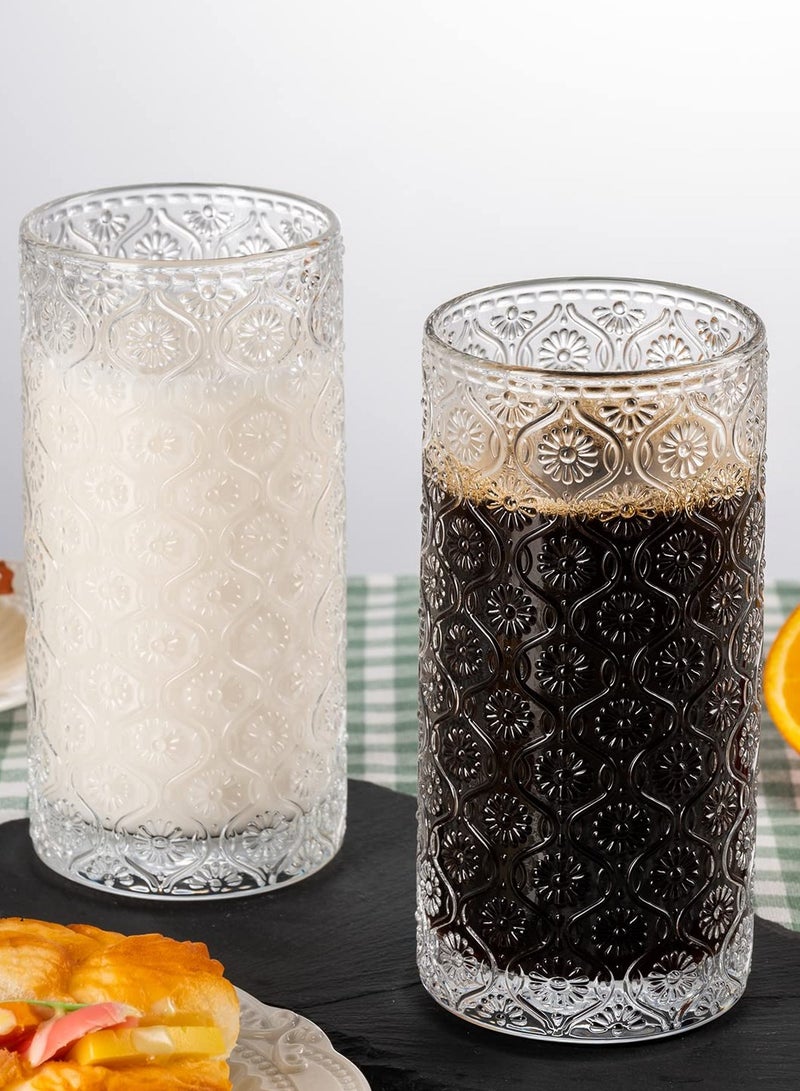 SYOSI Vintage Glassware Highball Drinking Glasses, 4 Pcs 14 oz Cocktail Glasses, Crystal Tumblers, Clear Embossed Glass Cups, Floral Glass Cups Embossed Juice Water Coffee Cups, Iced Beverage Glass - Image 4