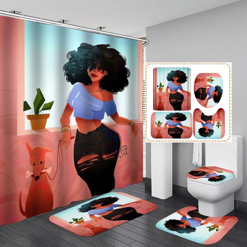 Bluejw 3D Print Black Women Art African American Bathroom Set 4 Pcs with Shower Curtain Rings, Stylish Shower Curtain Sets for Bathroom Decor - Image 3