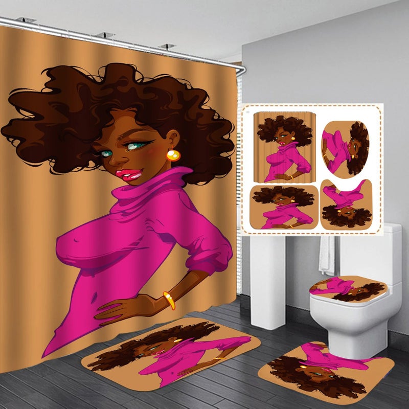 Bluejw 3D Print Black Women Art African American Bathroom Set 4 Pcs with Shower Curtain Rings, Stylish Shower Curtain Sets for Bathroom Decor - Image 1