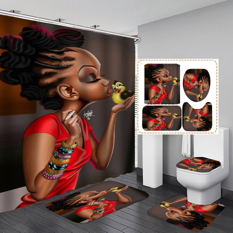 Bluejw 3D Print Black Women Art African American Bathroom Set 4 Pcs with Shower Curtain Rings, Stylish Shower Curtain Sets for Bathroom Decor - Image 2