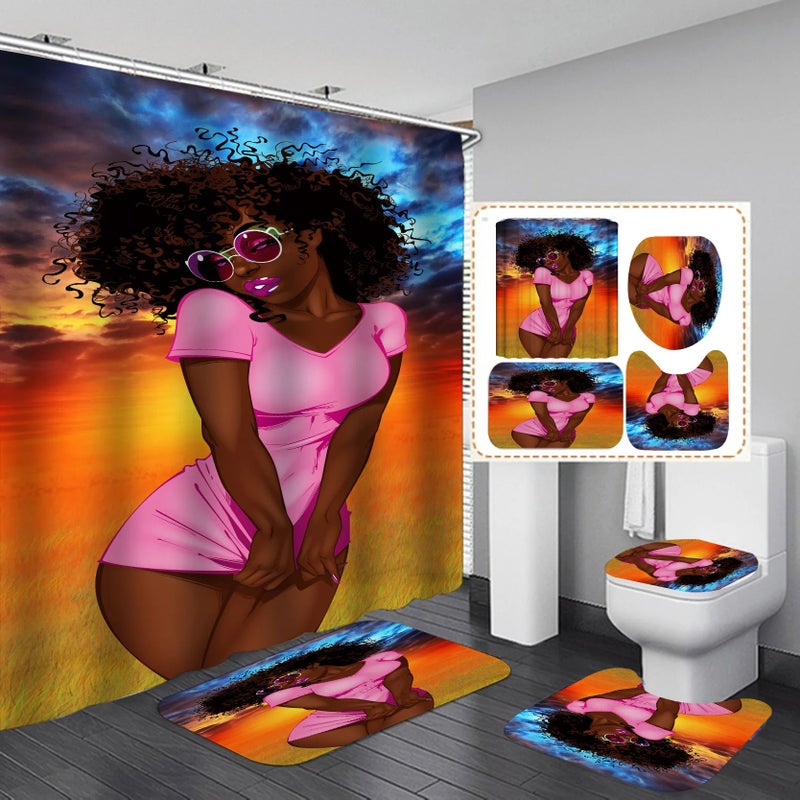 Bluejw 3D Print Black Women Art African American Bathroom Set 4 Pcs with Shower Curtain Rings, Stylish Shower Curtain Sets for Bathroom Decor - Image 5