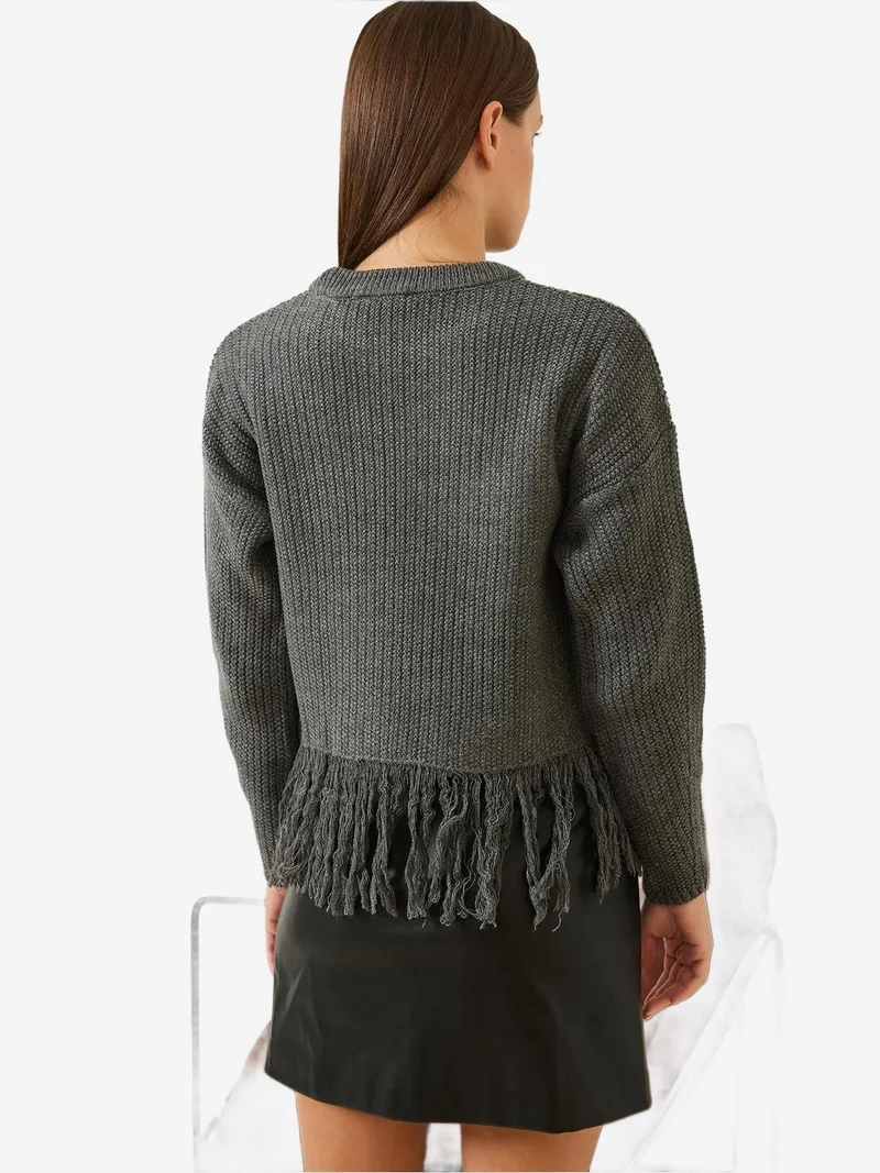 Bianco Lucci Grey LUCCI Fringed Crew Neck Crop Sweater for Women | Best Price UAE