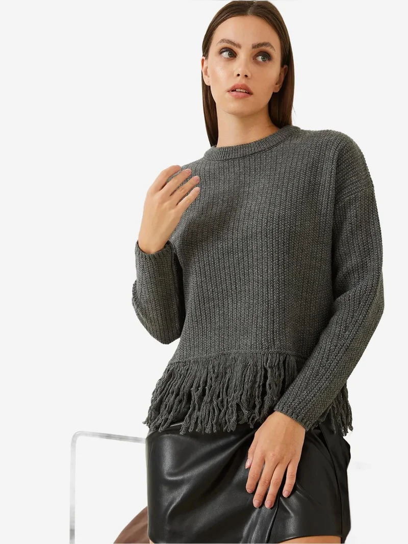 Bianco Lucci Grey LUCCI Fringed Crew Neck Crop Sweater for Women | Best Price UAE