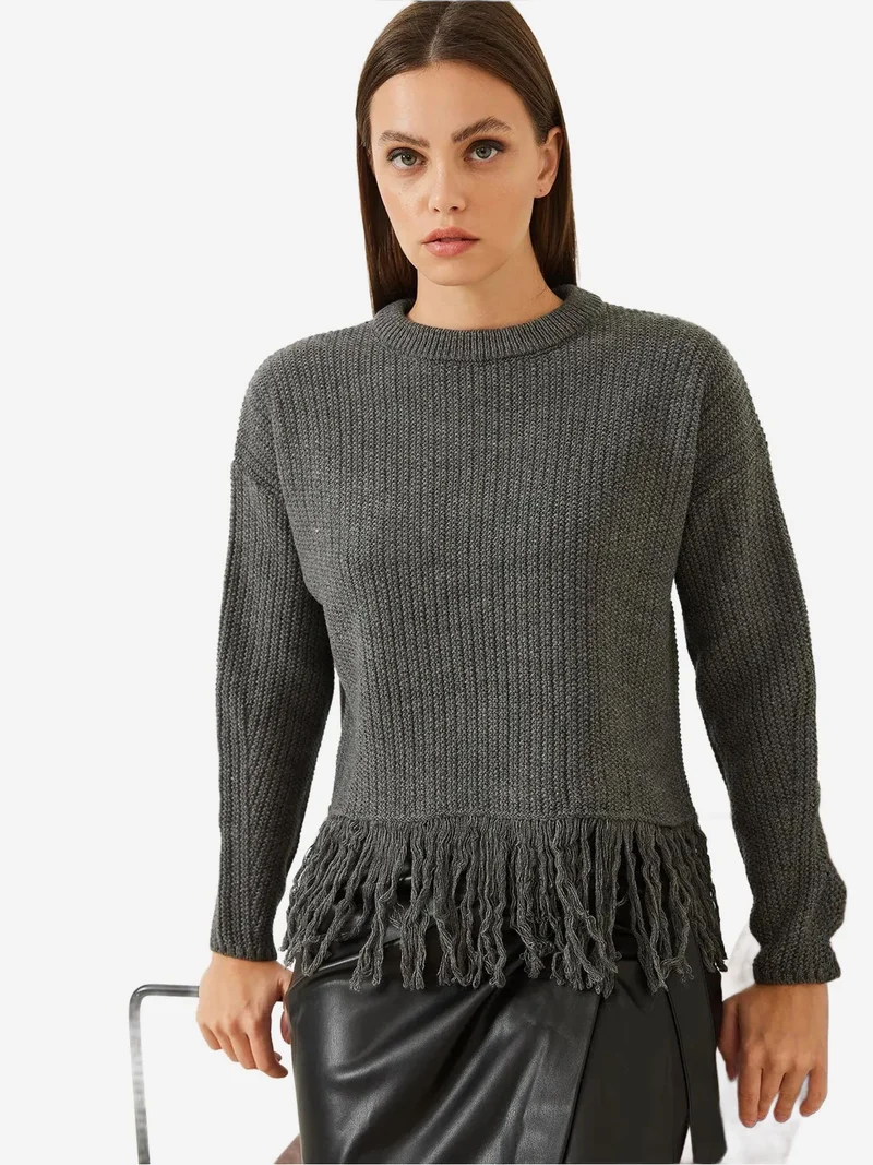 Bianco Lucci Grey LUCCI Fringed Crew Neck Crop Sweater for Women | Best Price UAE