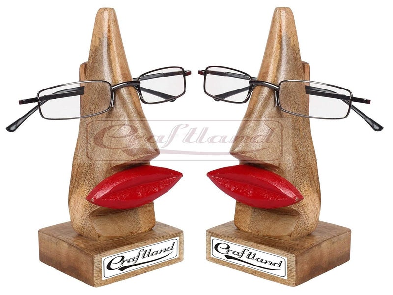 Craftland Pair of Wooden Nose Shaped Spectacle Holder Stand with Red Lips (Standard, 2Pcs) - Image 1