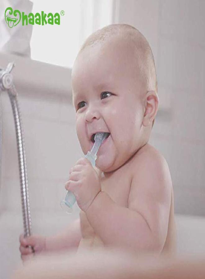 haakaa 360° Silicone Baby Toothbrush with Suction Base Infant to Toddler Toothbrush, Food Grade Silicone, 1pc (Blue) - Image 2