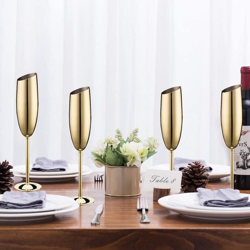 Haniforever Elegant Gold Stainless Steel Champagne Flutes For Celebration Toasting Birthday Anniversary Bride Groom Mr Mrs Wedding Party Stemed Slanted Unbreakable Champagne Glasses For Christmas Outdoor - Image 3