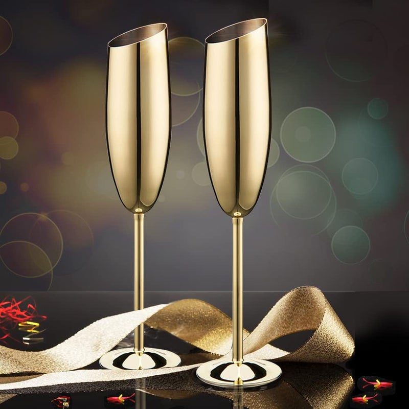 Haniforever Elegant Gold Stainless Steel Champagne Flutes For Celebration Toasting Birthday Anniversary Bride Groom Mr Mrs Wedding Party Stemed Slanted Unbreakable Champagne Glasses For Christmas Outdoor - Image 1