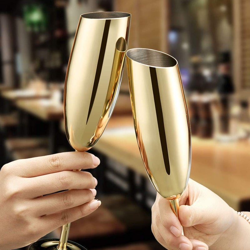 Haniforever Elegant Gold Stainless Steel Champagne Flutes For Celebration Toasting Birthday Anniversary Bride Groom Mr Mrs Wedding Party Stemed Slanted Unbreakable Champagne Glasses For Christmas Outdoor - Image 2