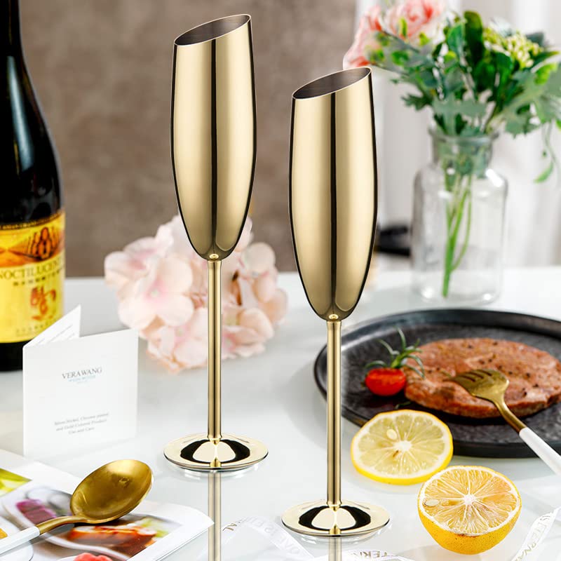 Haniforever Elegant Gold Stainless Steel Champagne Flutes For Celebration Toasting Birthday Anniversary Bride Groom Mr Mrs Wedding Party Stemed Slanted Unbreakable Champagne Glasses For Christmas Outdoor - Image 5