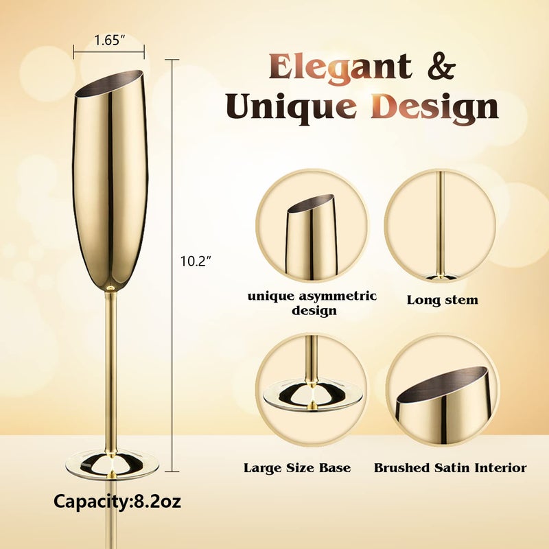 Haniforever Elegant Gold Stainless Steel Champagne Flutes For Celebration Toasting Birthday Anniversary Bride Groom Mr Mrs Wedding Party Stemed Slanted Unbreakable Champagne Glasses For Christmas Outdoor - Image 4