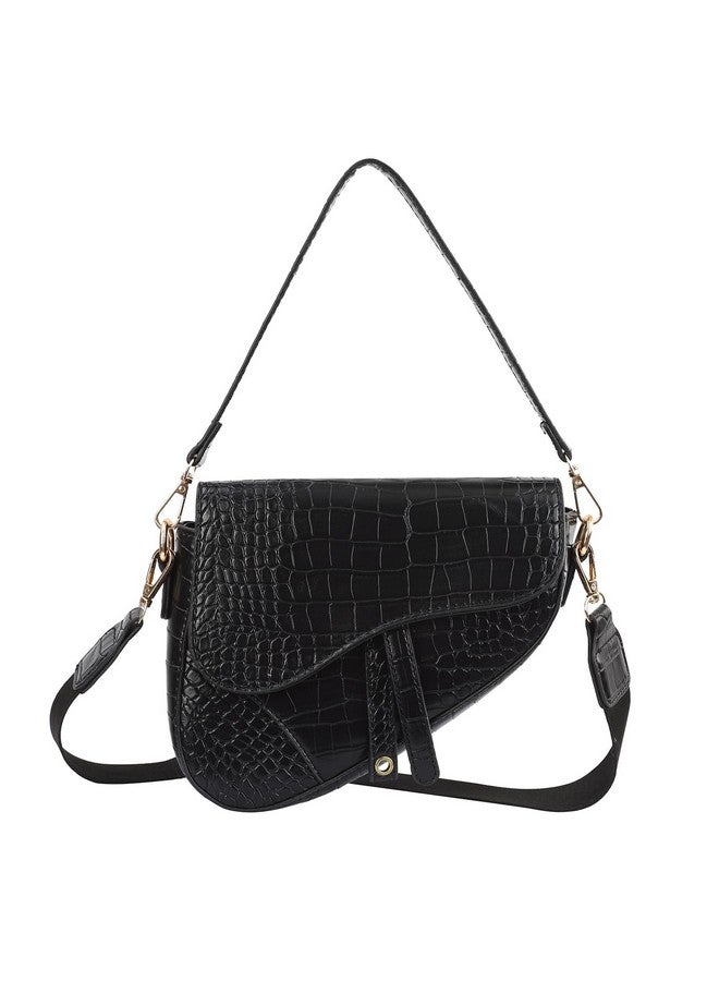 HDE Women'S Saddle Shoulder Bag Pu Leather Crossbody Purse Crocodile Handbag Black Crocodile - Image 1