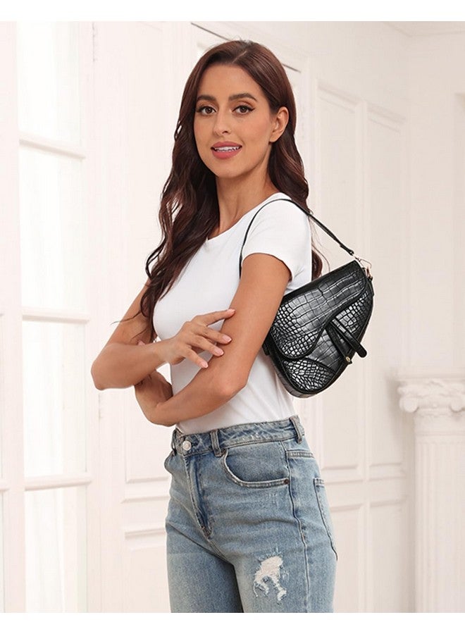 HDE Women'S Saddle Shoulder Bag Pu Leather Crossbody Purse Crocodile Handbag Black Crocodile - Image 2